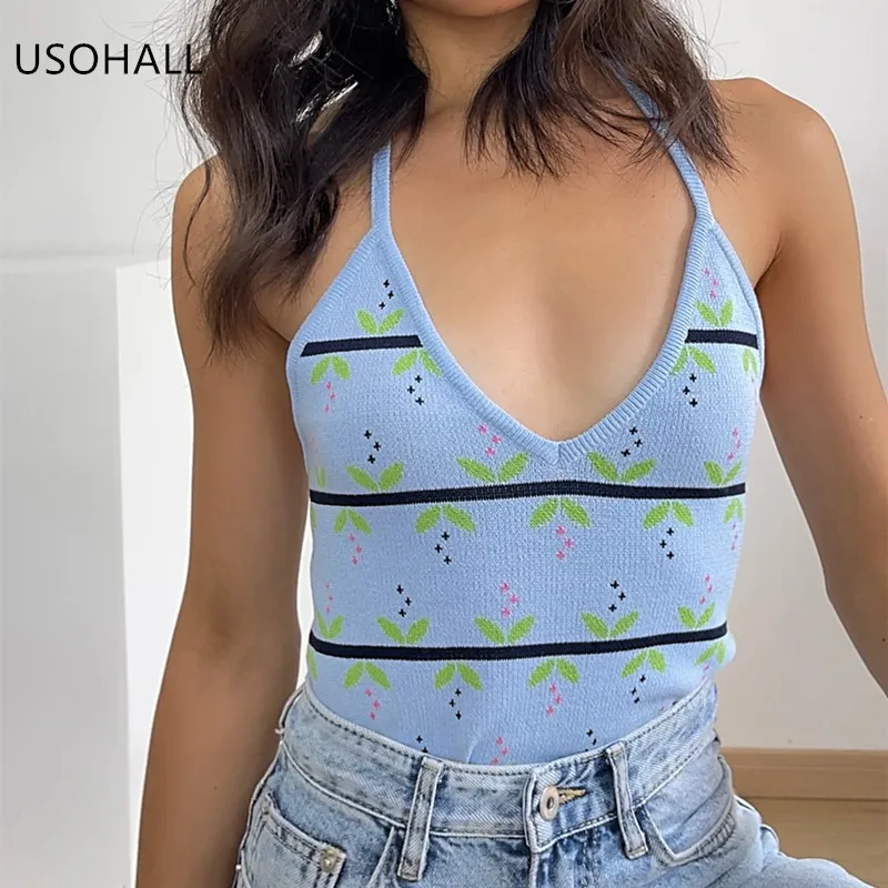 

USOHALL New Sexy Print Knit Tank Tops Slim Short Women Summer Backless Camis Top