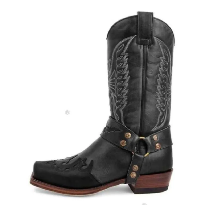

side zipper Knight New men's square embroidery women's leather head boots keep warm