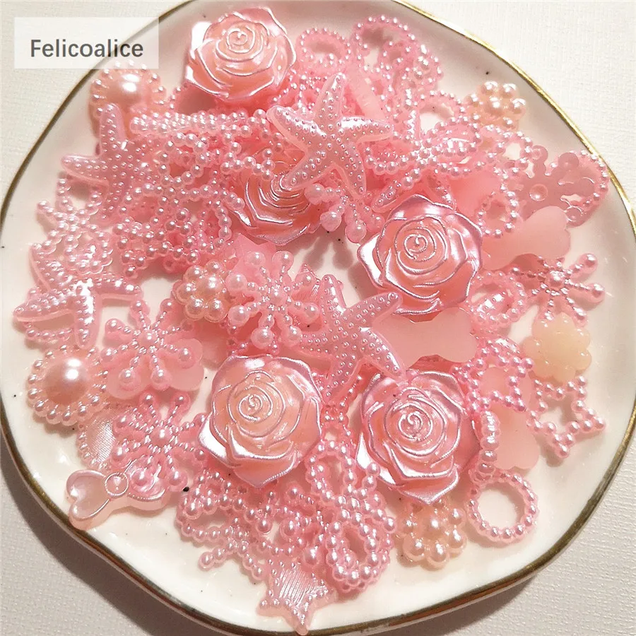 100pcs Assorted Pink ABS Pearl Bow Heart Flatback Cabochons DIY Resin Shaker Charms Molds Stuff Moon Star Slime Fillings Fillers - купить по