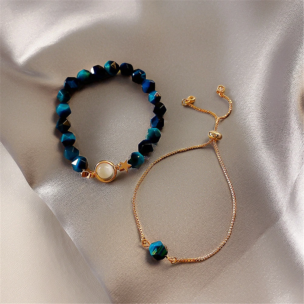 

2pcs/set Light Luxury Green Gem stone Bracelet Female Korean Version Simple Personality Niche Design Bracelet Adjustable 2021