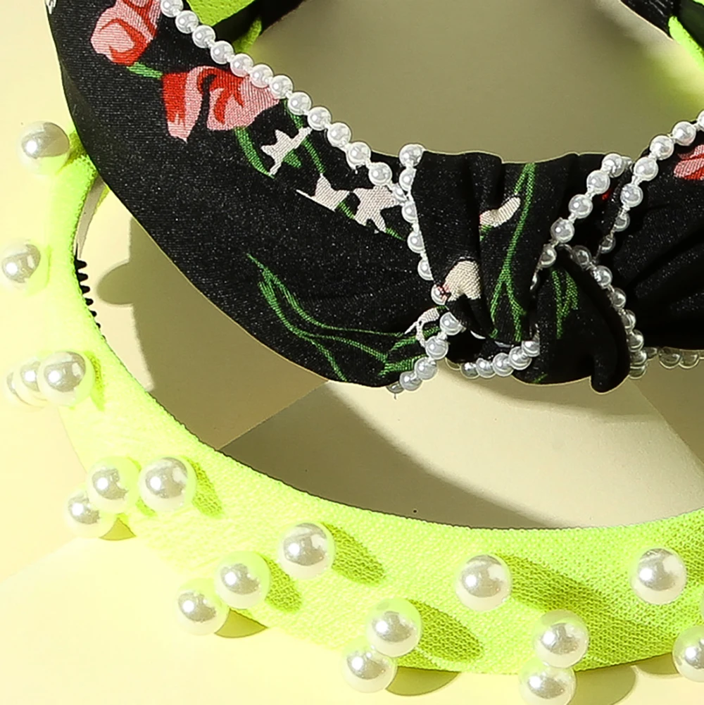 

2Pcs/lot Handmade Pearl Headband Vintage Hairband Center Top Knot Floral Print Pearl Edges Hairbands Hair Accessories for Girls