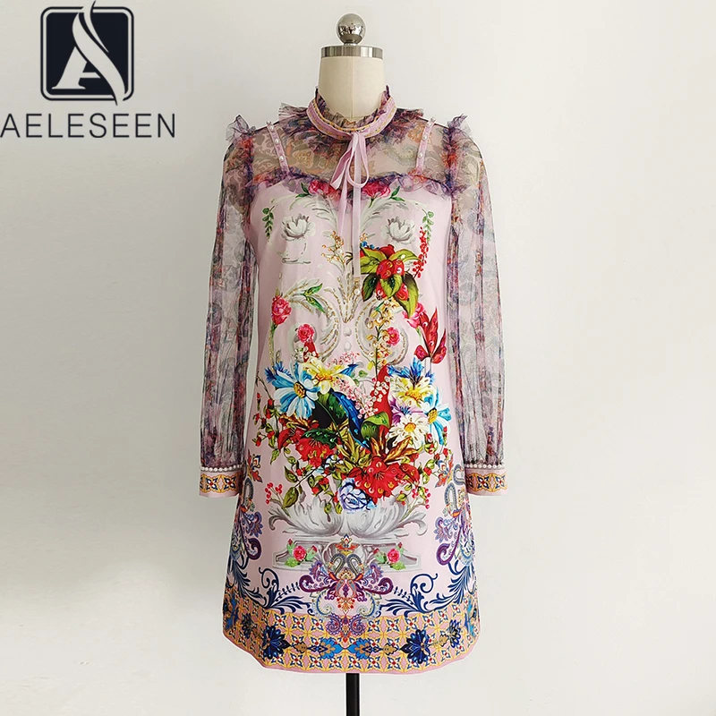 

AELESEEN Runway Fashion Beading Summer Women Dress Luxury Mesh Sleeve Ruffles Flower Print Mini Party Holiday Dress