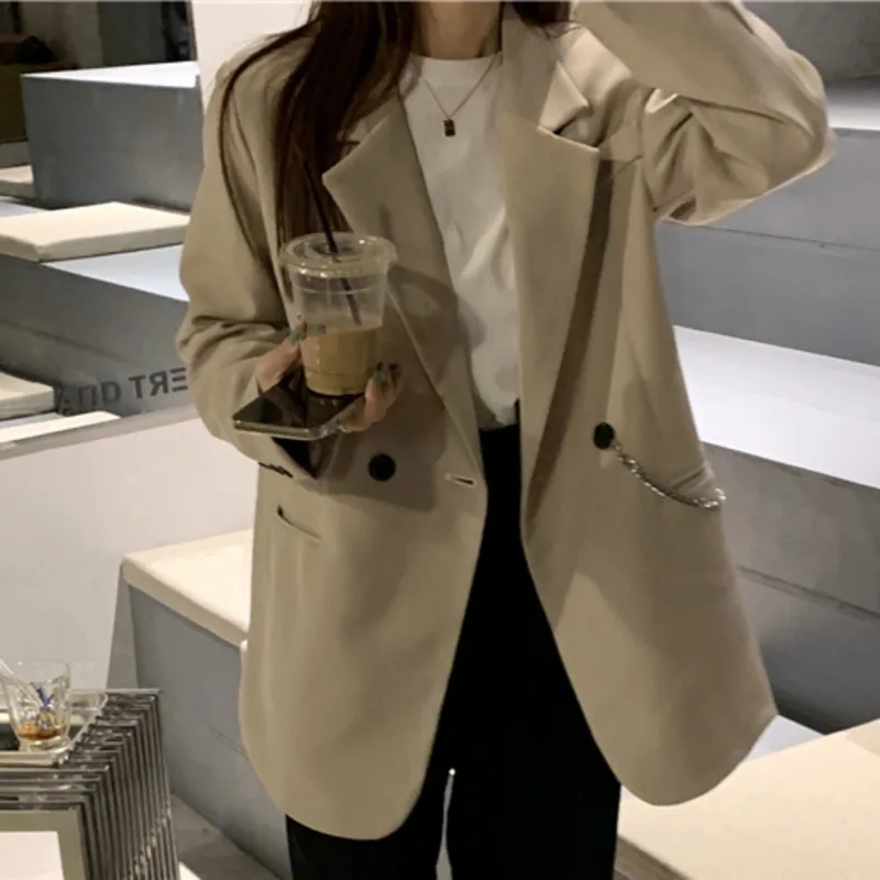 

Vintage Long Sleeve Loose Suit Coat Jacket Female Chain Women's Spring 2021 Solid Double-breasted Pocket Outerwear Tops Blazers