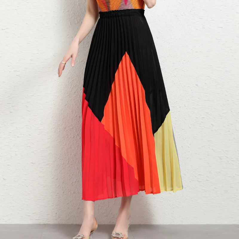 Pleated High Waist Skirt Women's Medium And Long Skirt Thin  Dance Skirt Splicing Contrast Color Pleated Large Skirt