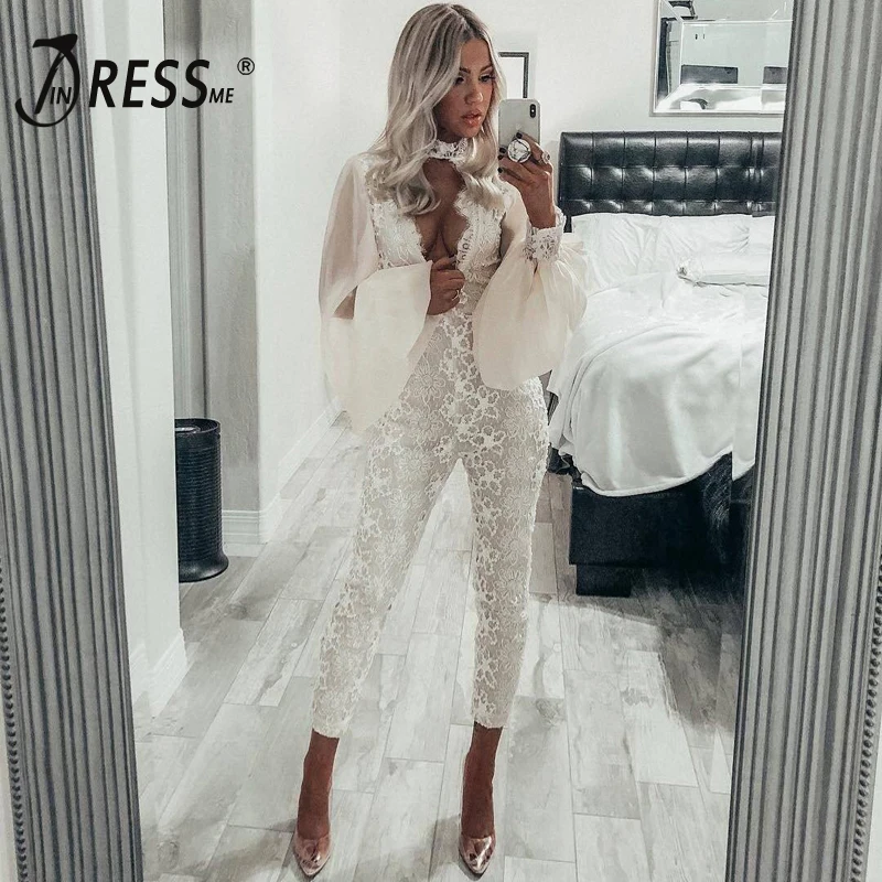 Женские кружевные комбинезоны INDRESSME Клубные вечерние полной длины с v образным
