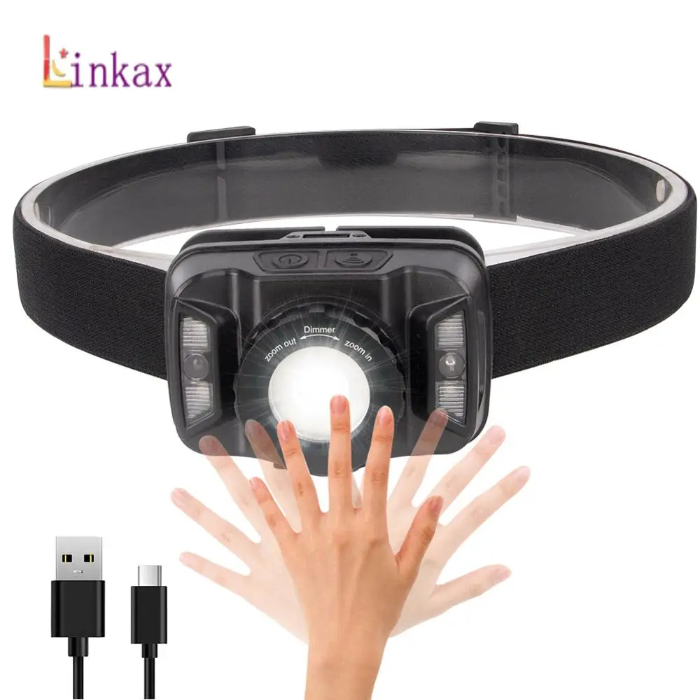 

Портативный светодиодный налобный фонарь с датчиком движения, перезаряжаемый через USB, 5 режимов, светильник-вспышка, белый, красный, головн...