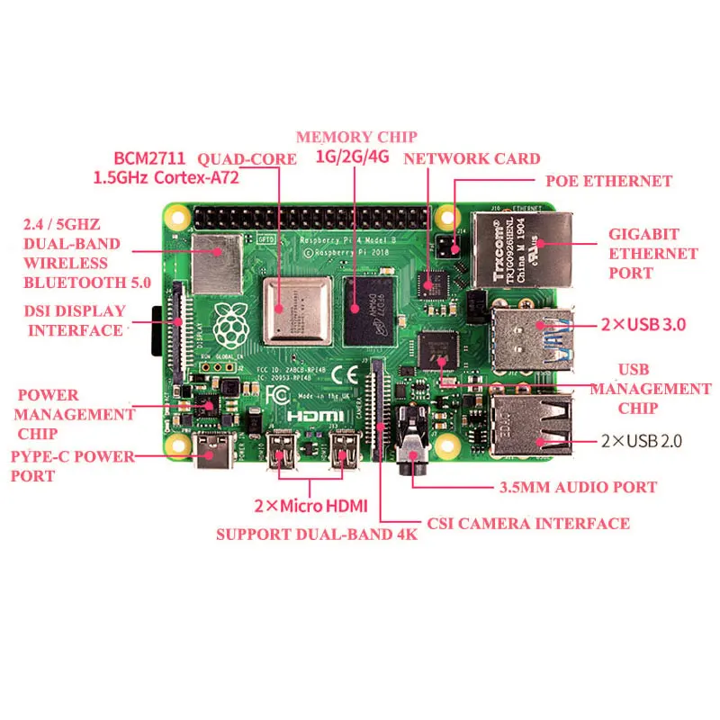 Raspberry Pi 4 Модель B LPDDR4 2G/4G Quad-core Cortex-A72 (ARM v8) 64-бит 1 5 Ghz Dual core 4K Выход Мощность чем 3B + |