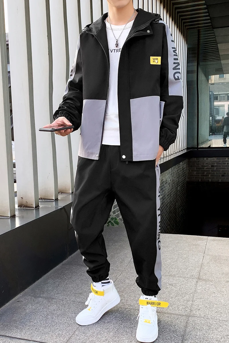 

2021 Hip Hop Workwear jacket Mens Tracksuit Jacket+Pants 2PC Sets baseball loose Zipper Ribbons Coat & Long Pants Mens Clothing