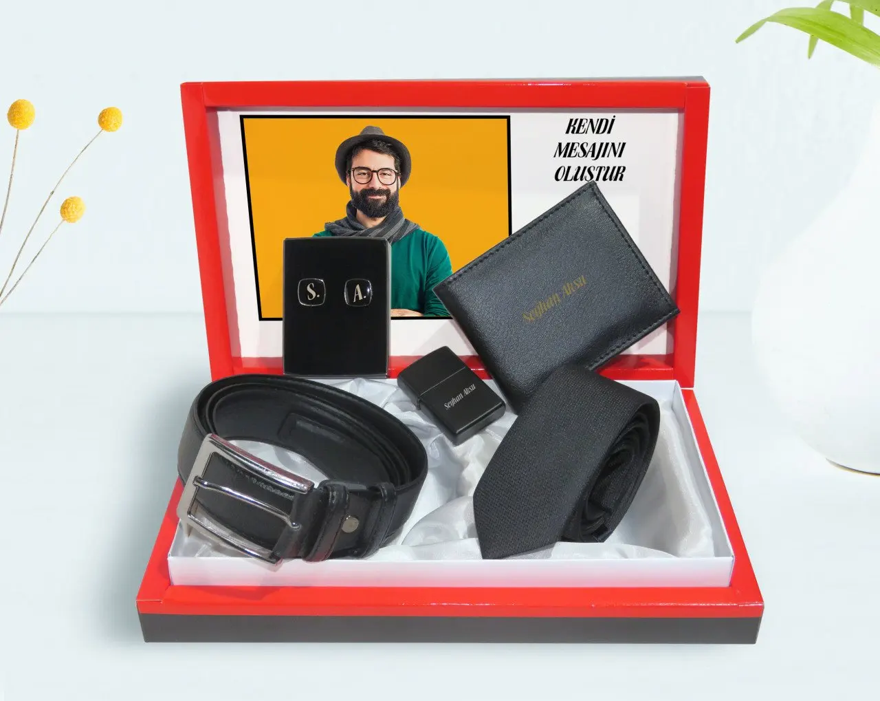 

Personalized Photo and Mail In The Box Wallet Belt lighter Tie And Cufflink gift set