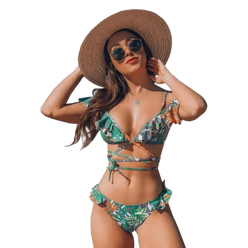 

Women's Swimsuit 2021 New Floral Print Sexy Two-Piece Lace-up Bikini Swimsuit Bikini