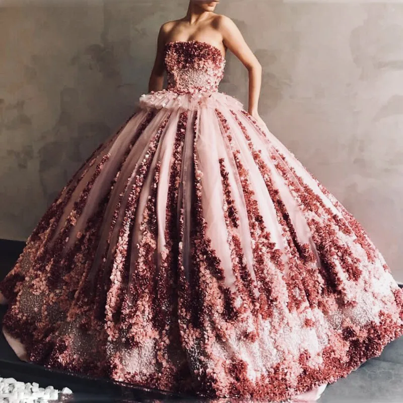 Gorgeous 3D Appliques Ball Gown Prom Dresses Sexy Strapless Lace Up Back Evening Gowns Saudi Arabia Robe De Soiree Custom Made
