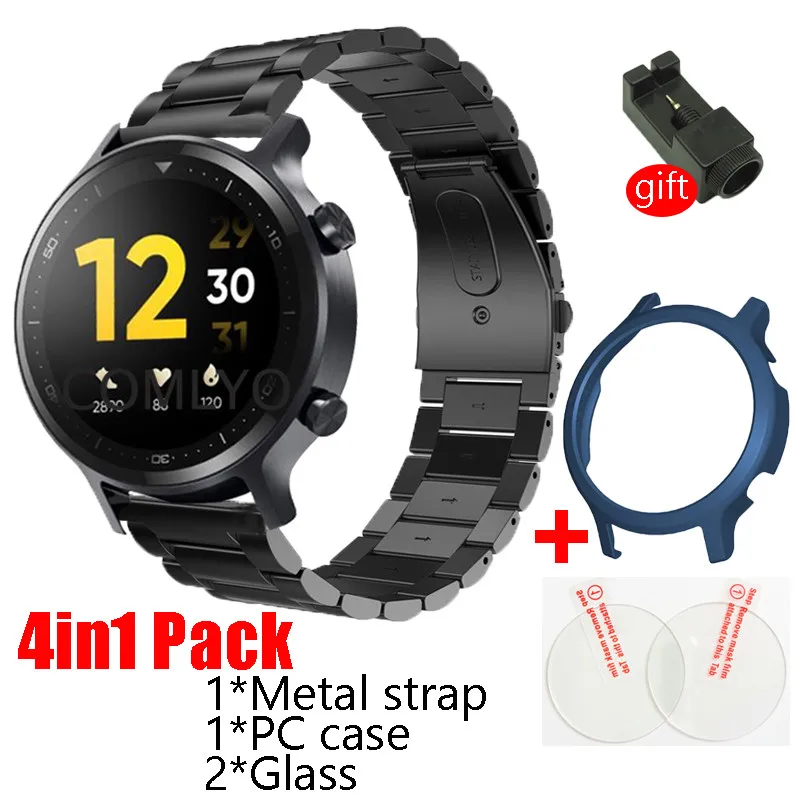

4in1 Pack For Realme watch S strap Band Metal Stainless Steel Straps bracelet wrist belt case cover glass screen prtector film