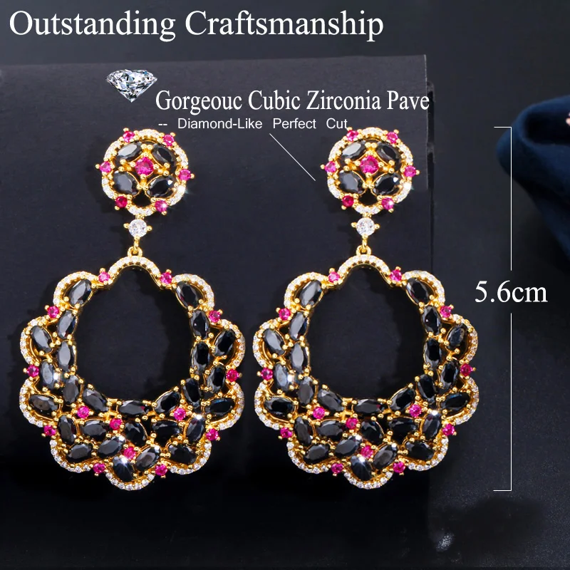 CWWZircons Luxury Designer Big Long Flower Drop Red Black Cubic Zirconia Stone Earring Yellow Gold Party Jewelry for Women CZ687 | Украшения