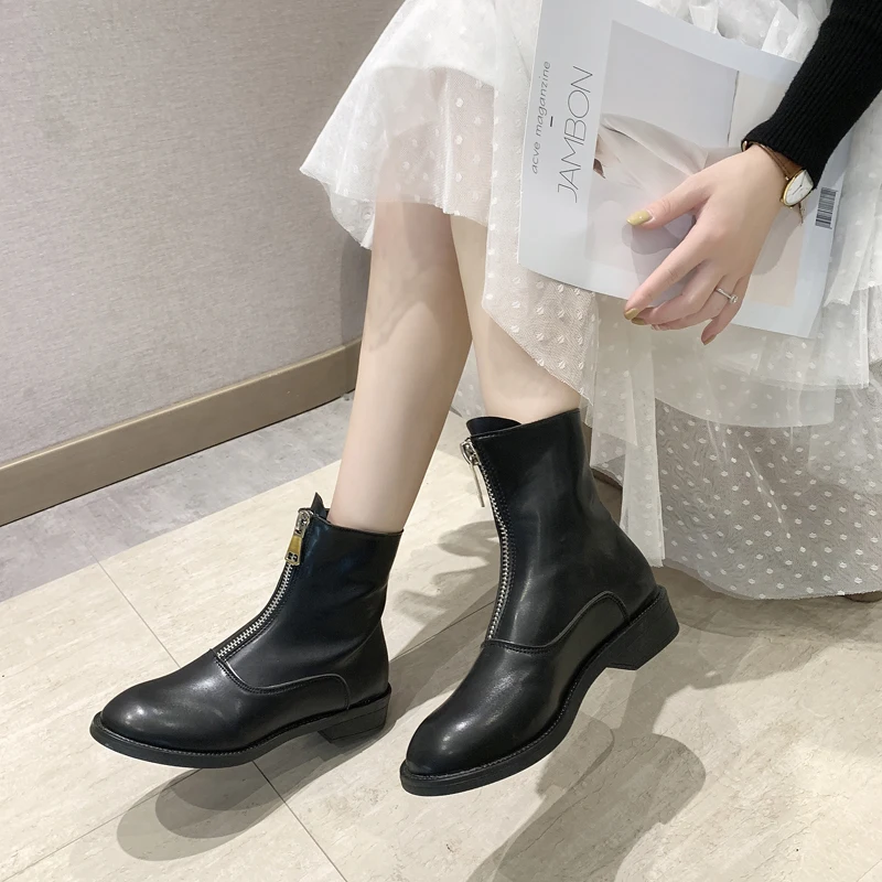 Women Boots Flat Short Black Red Beige Ankle Front Zipper Round Toe M31 | Обувь