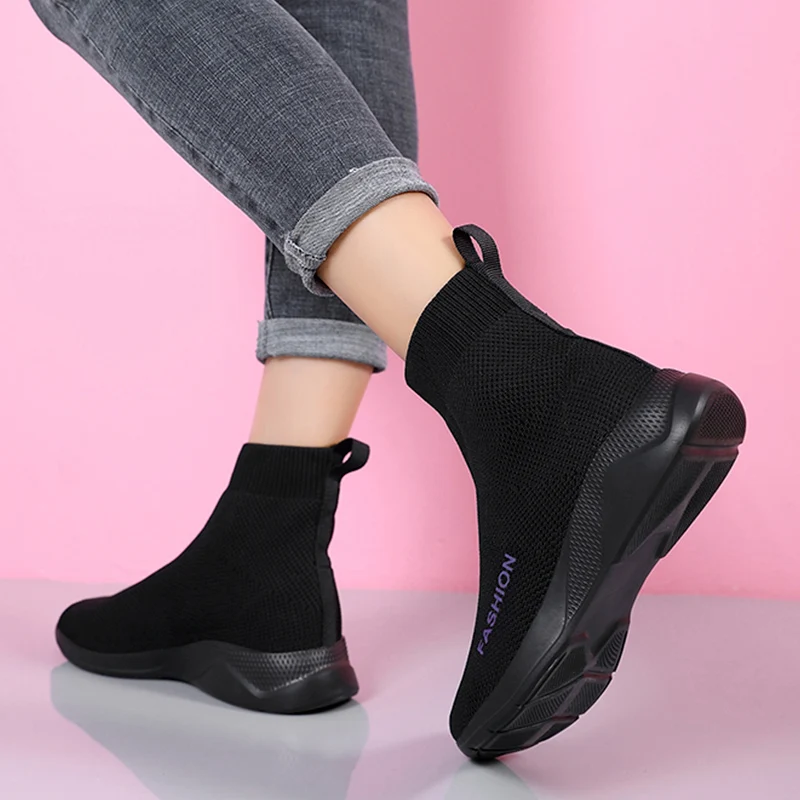 Black Sports Socks Shoes Women Fashion Tennis Flats Summer 2023 High Top Elastic Sneakers Slip On Casual Woman Barefoot Shoes