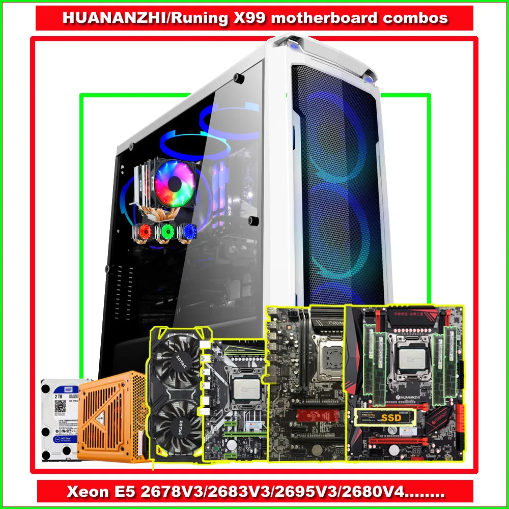 Материнская плата Runing X99 HUANANZHI с M.2 500G SSD CPU 2678V3/2680V3 RAM 64G(4*16G) 500W PSU GTX1060 6G