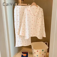 caiyier japanese spring new ladies cotton gauze sleepwear tops pants women pajamas set cute juicy peach nightwear leisure cloths