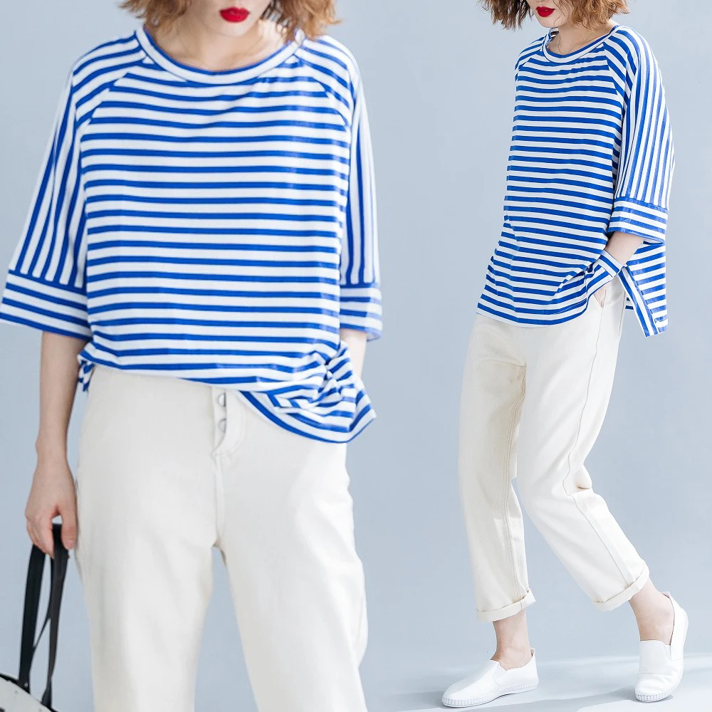 

Oversized Loose Cotton Women T-shirts 2021 Summer New Casual All Match Striped Female Pulls Tops Tees