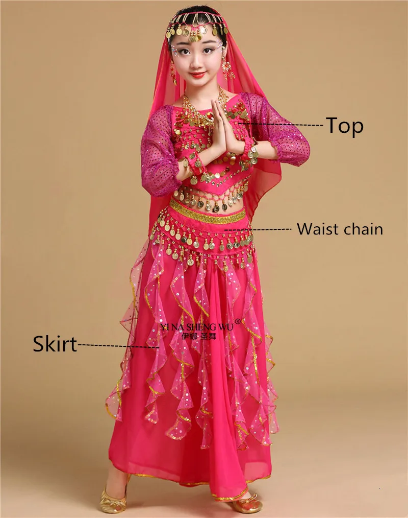 Rose 3pcs Детские костюмы для танца живота, индийские Детские костюмы для танца живота, одежда для восточных танцев для девочек, индийский комплект для выступлений в Болливуде, танец живота - Цвет: Rose 3pcs