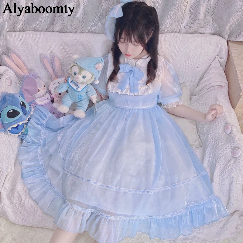 Женское платье с воротником Питер Пэн голубое/черное/розовое бантом и