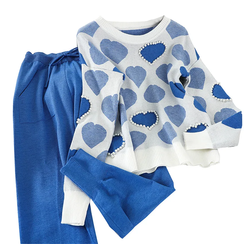 

2020 New 2 Piece Sets Womens Knit Outfits Love Heart Long Sleeve Pullove Tops+ Pants Autumn Winter Two Piece Sets Tracksuits