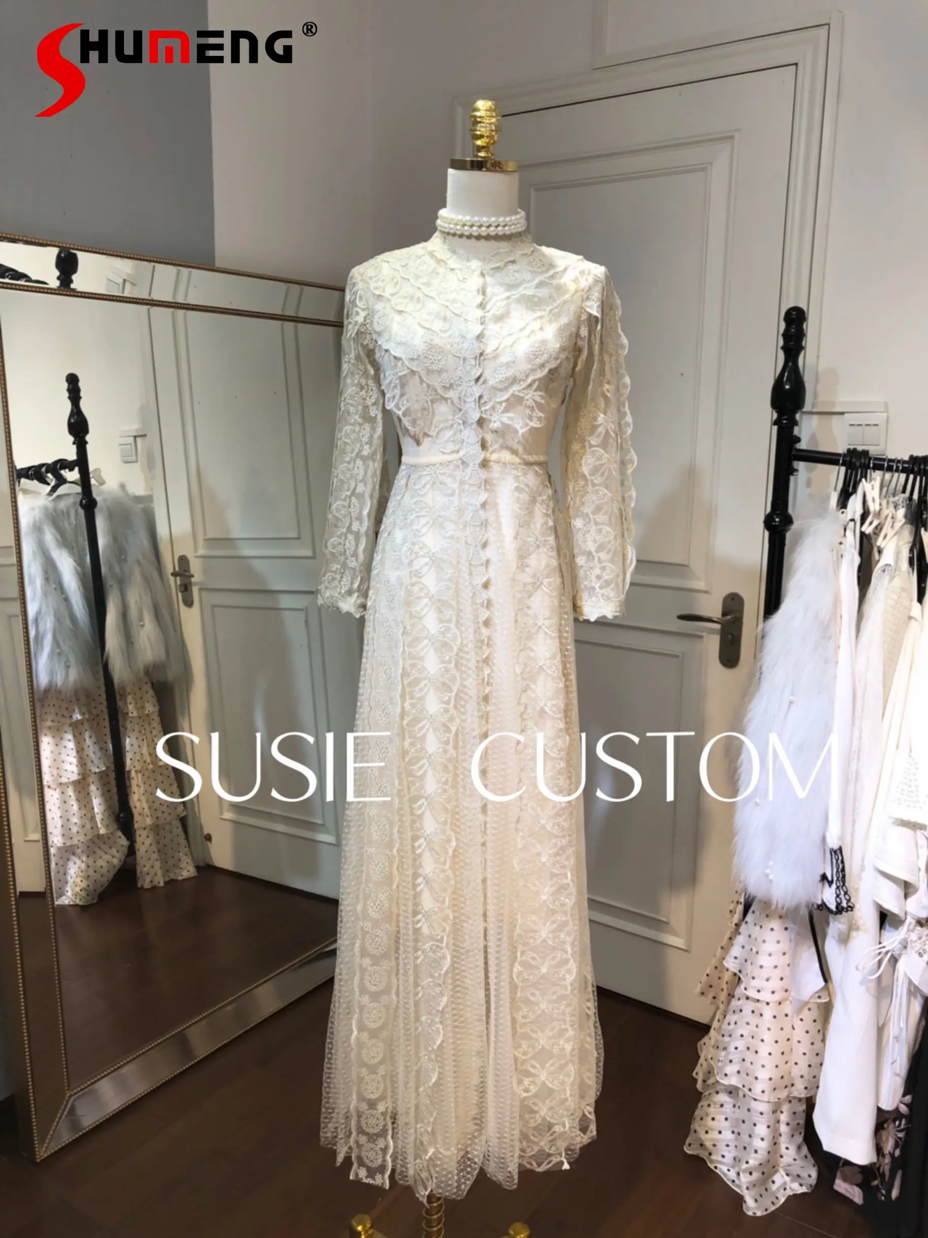 

2021 New Autumn Female Goddess Fairy Blended Embroidered Bow Flower Floor-length Dress Women's Fashion V-neck Mesh Long Dress