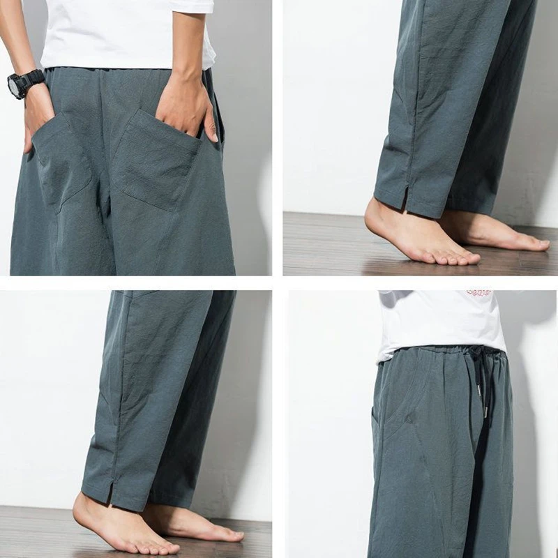

2021 Summer Loose Cotton Linen Ankle Pants Men's Shorts Wide Leg Trousers Casual Haren Jogging Sweatpants Male 3 Color 5XL