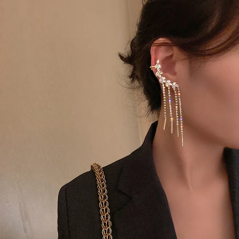 

Ear Bone Clip Earrings Korea Fashion one-piece Rhinestone Tassel Earrings for Women Jewelry 2021