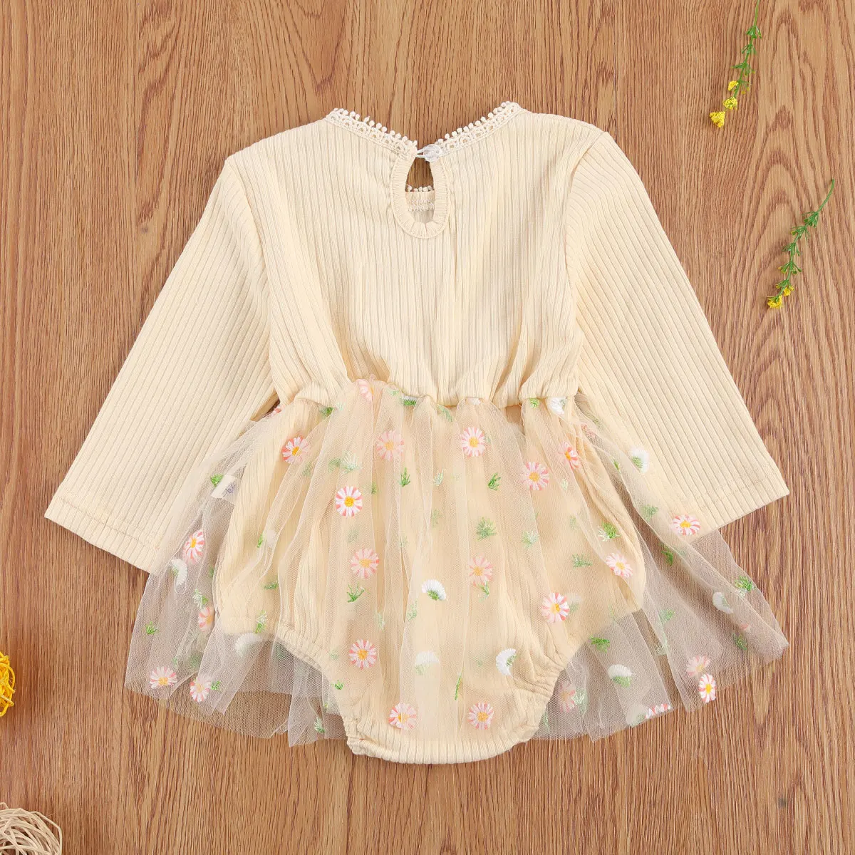 

2020 0-18M Baby Girl Fall Knit Romper Dress Cute Long Sleeve Crewneck Floral Tulle Tutu Dress for Fall Winter