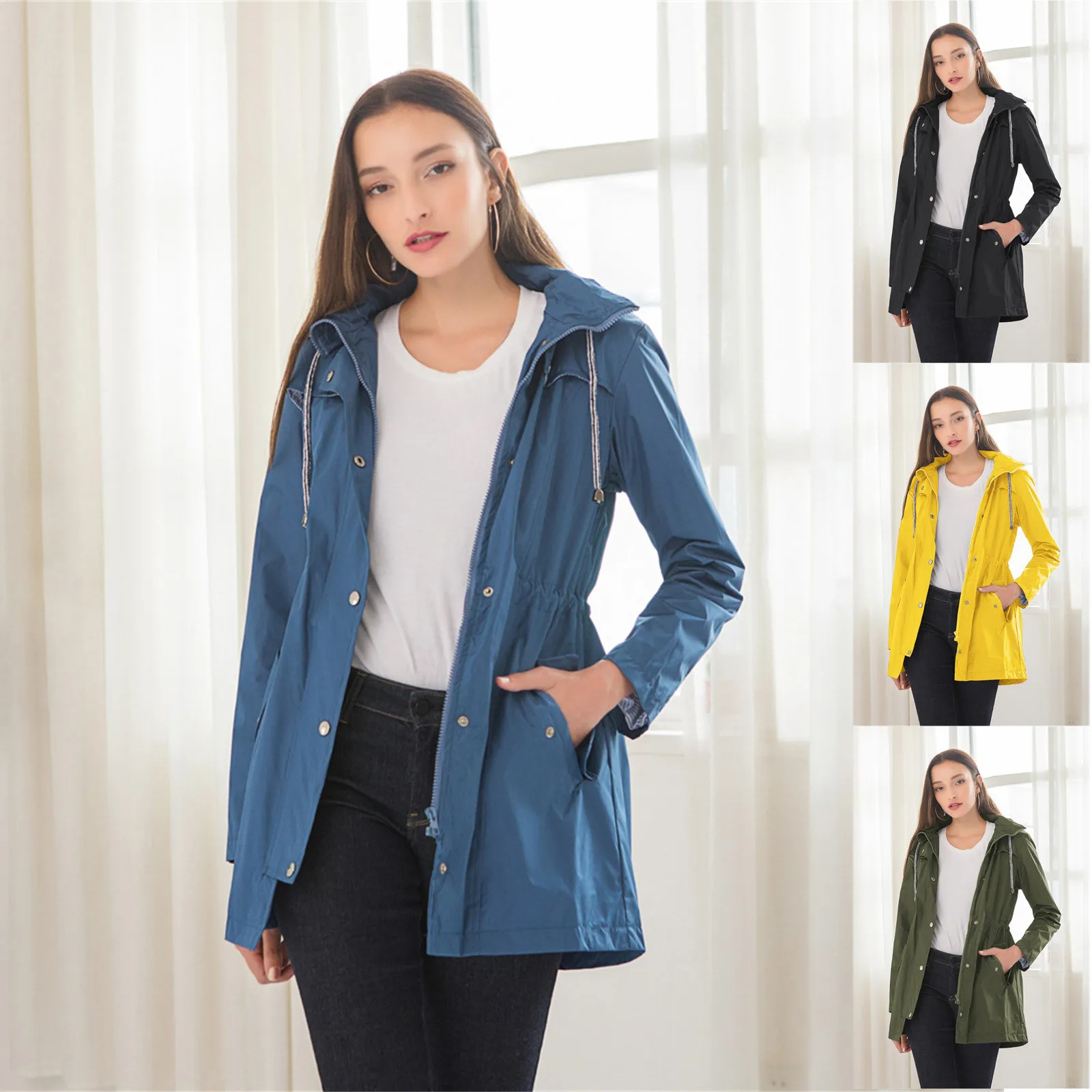 

Women's Fashion Removable Hoodie Windbreaker Solid Color Hiking Slim Waist Drawstring With Pockets Jackets