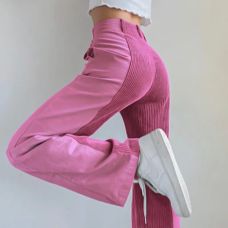 

2021 Summer New Women´s Pants High-Waist Gradient Blue Trousers Wide Leg Corduroy Long Denim Jeans Zipper Pocket Casual Bottoms