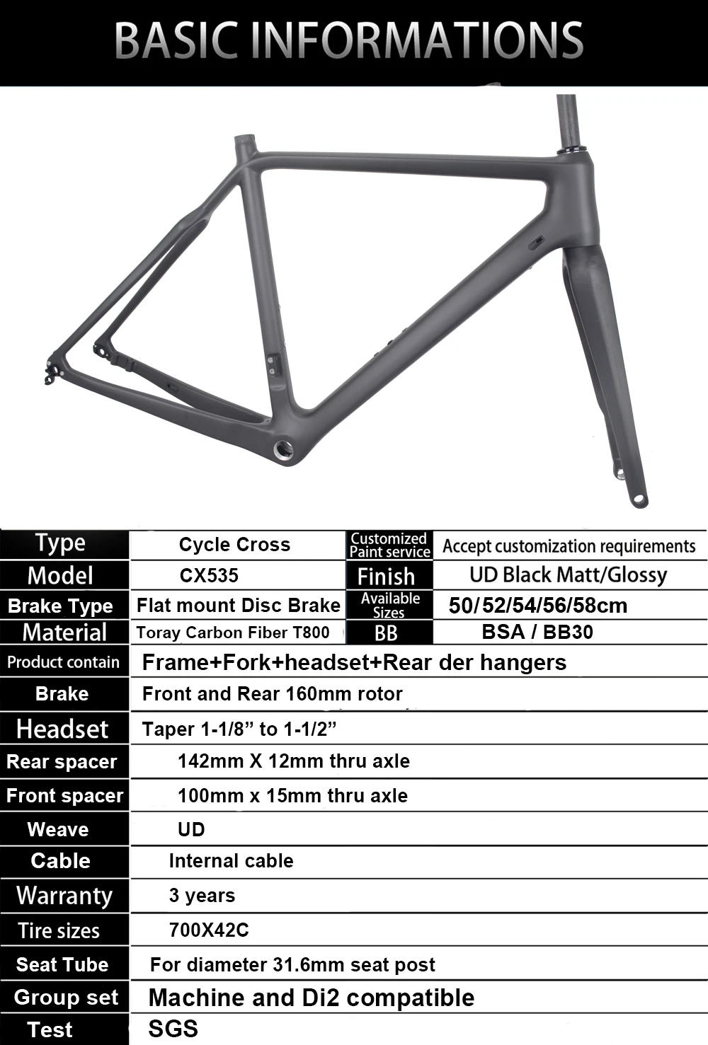 shppingi Cycle cross Disc brakeset велосипедная Рама 700x42c. DI2 дисковый тормоз карбоновая рама CX черная матовая отделка, 50/52/54/56/58