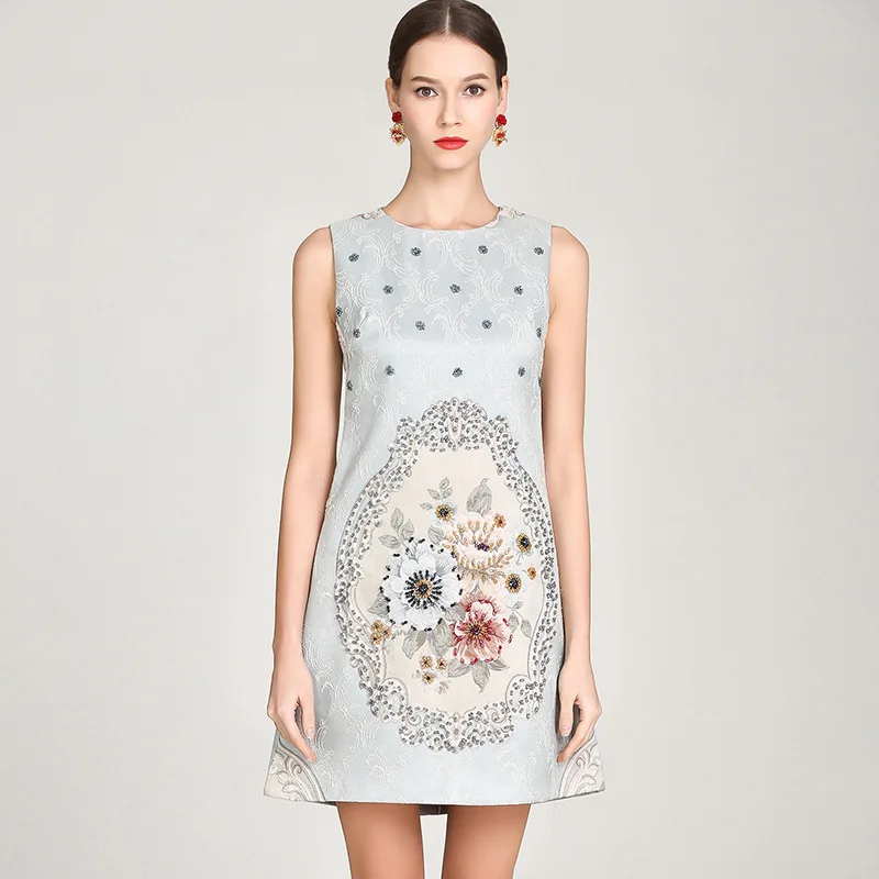 

Spring and Summer New Mature Elegant Heavy Industry Beads Vintage Flower Jacquard round Neck Sleeveless Waist Slimming Dress