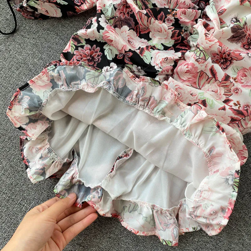 

Fashion Summer Lantern Sleeve V Neck V-Back Pleated Sexy Mini Dress Women Multicolor Flower Print Party Ruched Dress