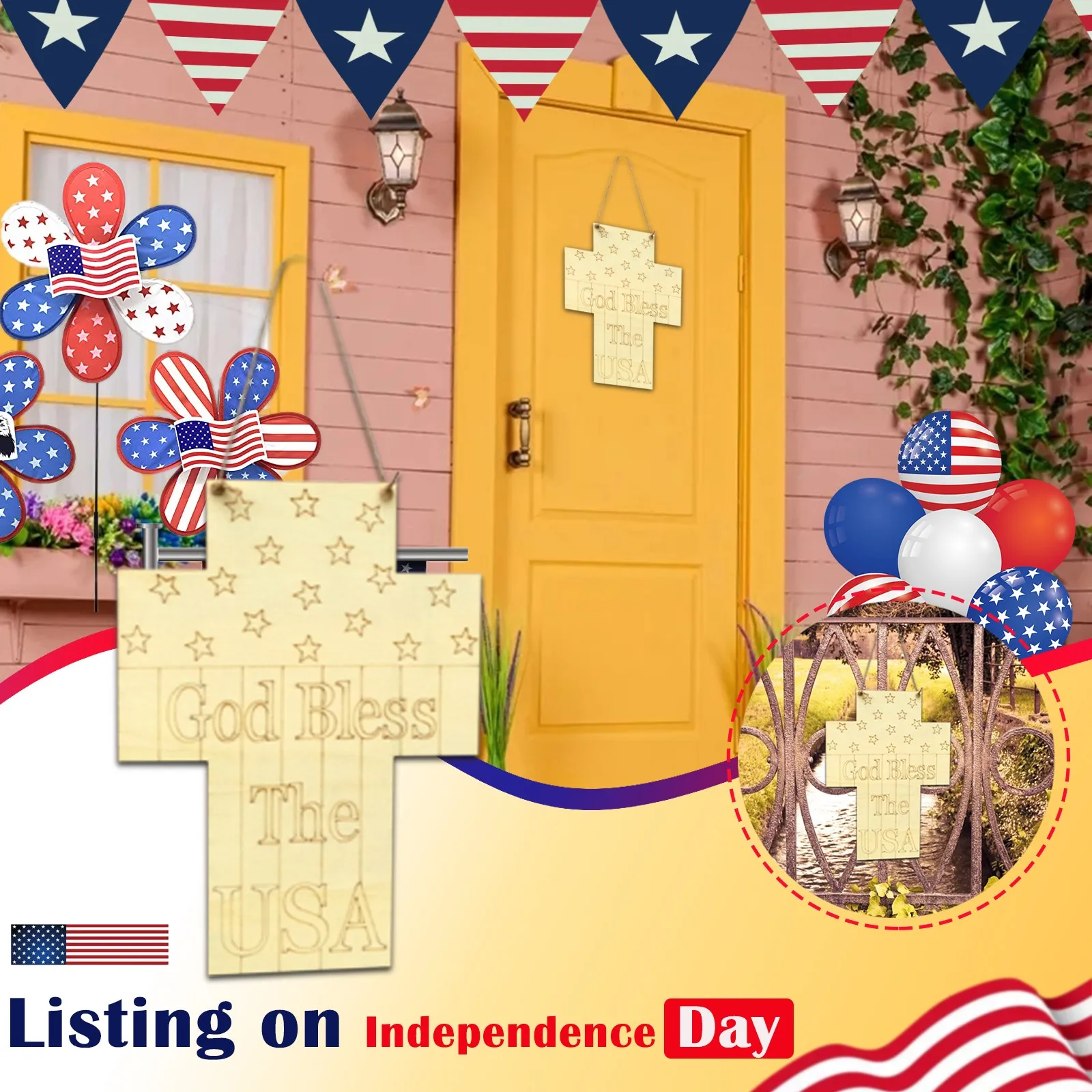 

Wooden Home Decoration Handmade Hanging Ornament Accessory Wood Craft Diy American Independent Day Ornaments Decorations