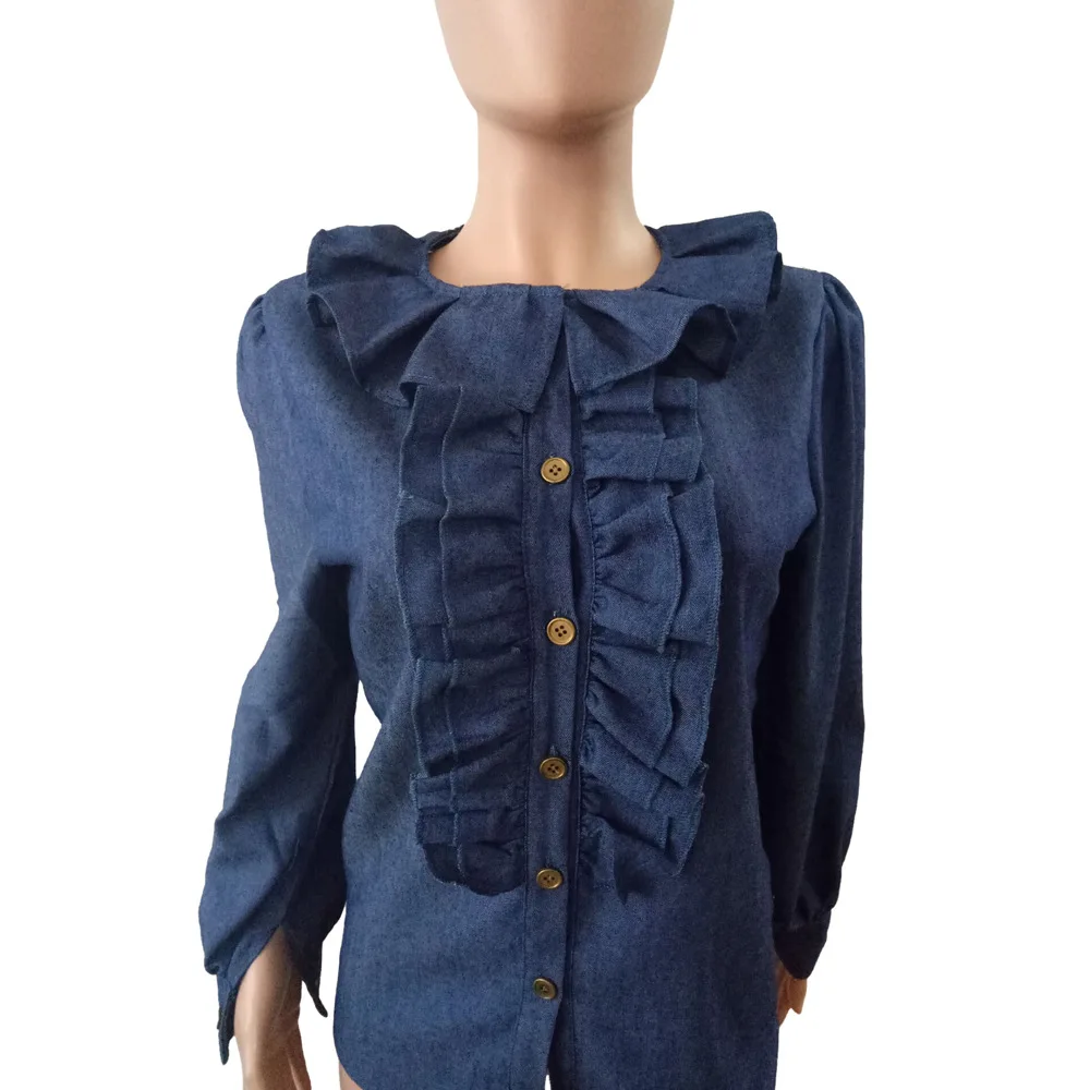 

New Ruffled Shirt Women's Ruffled Round Neck Collocation Buttons High-Quality Fashion All-match Denim Shirt Tops Spring 2021