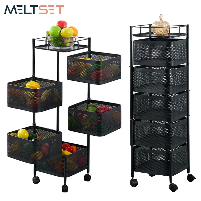 

3/4/5 Layer Rotating Kitchen Storage Rack Folding Vegetable Fruit Basket Shelf Trolley Metal Bathroom Shelves Kitchen Organizer