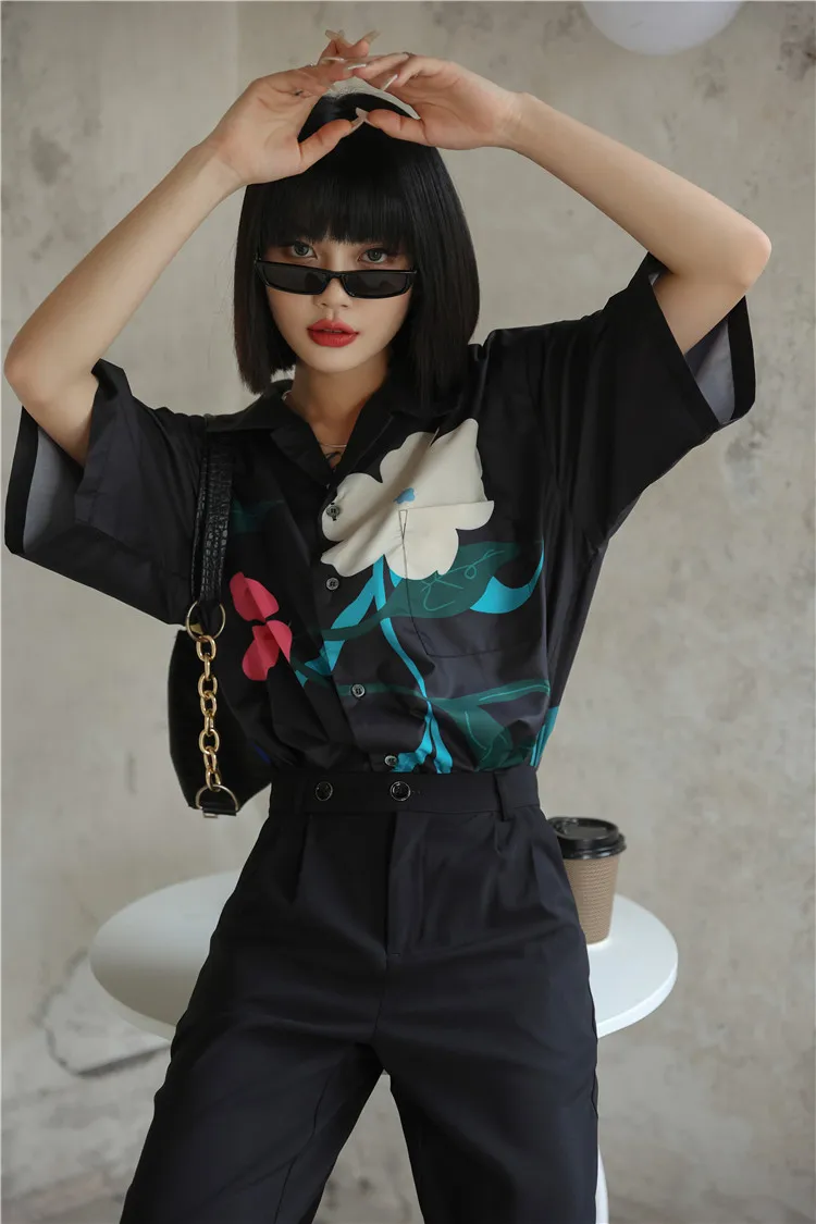 

ZCSMLL Flower print short-sleeved shirt men and women summer trend 2021 spring new short sleeve loose blouse