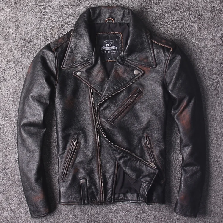 

2022 men's Amerian style vintage motorcycle leather jacket Hand-make rub color slim fit biker jacket men cow leather coat