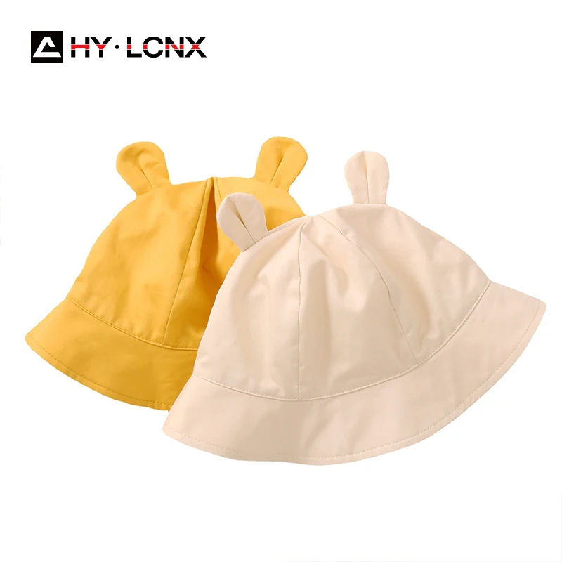 

Spring Summer New Child Cotton Breathable Cute Ear Decoration Fisherman Hat Boy Girl Outdoor Travel Solid Color Sun Bucket Hat