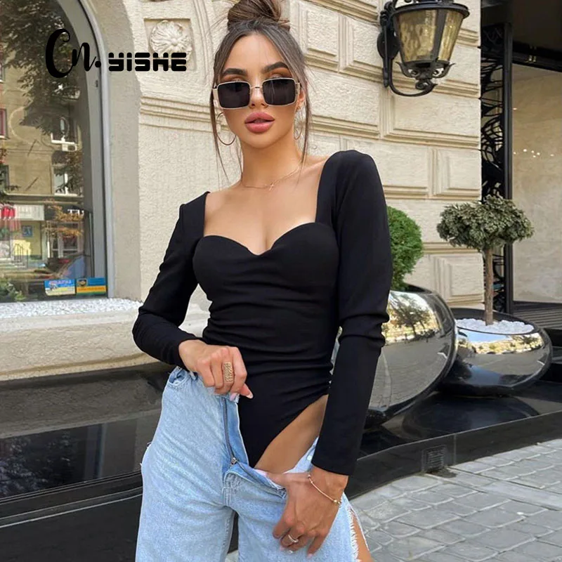 

CNYISHE Vintage Square Collar Backless Bodysuit Women Rompers Sexy Autumn Casual Overalls Tops Long Sleeve Solid Skinny Jumpsuit