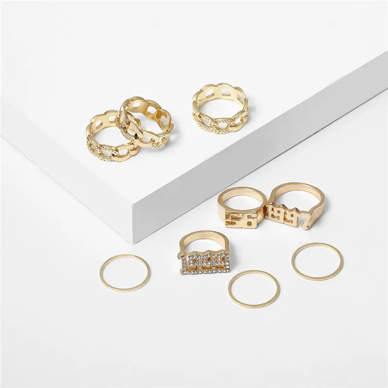 Bacolod 9pcs/set Gold Color Rings Set for Boys Girls Round Numbers Crystal Alloy Finger Ring Party 2020 Hiphop Rock Style | Украшения и