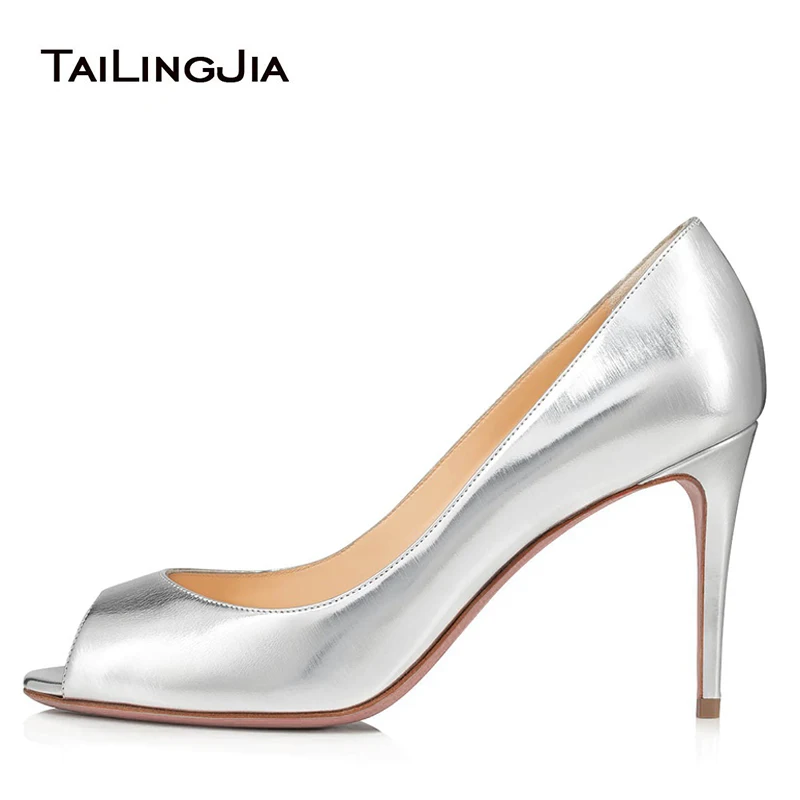 

Silver Peep Toe Heels Women 2022 Mid High Heel Pumps Elegant Ladies Court Shoes Slip On Large Size Footwear Bridal Wedding Shoes