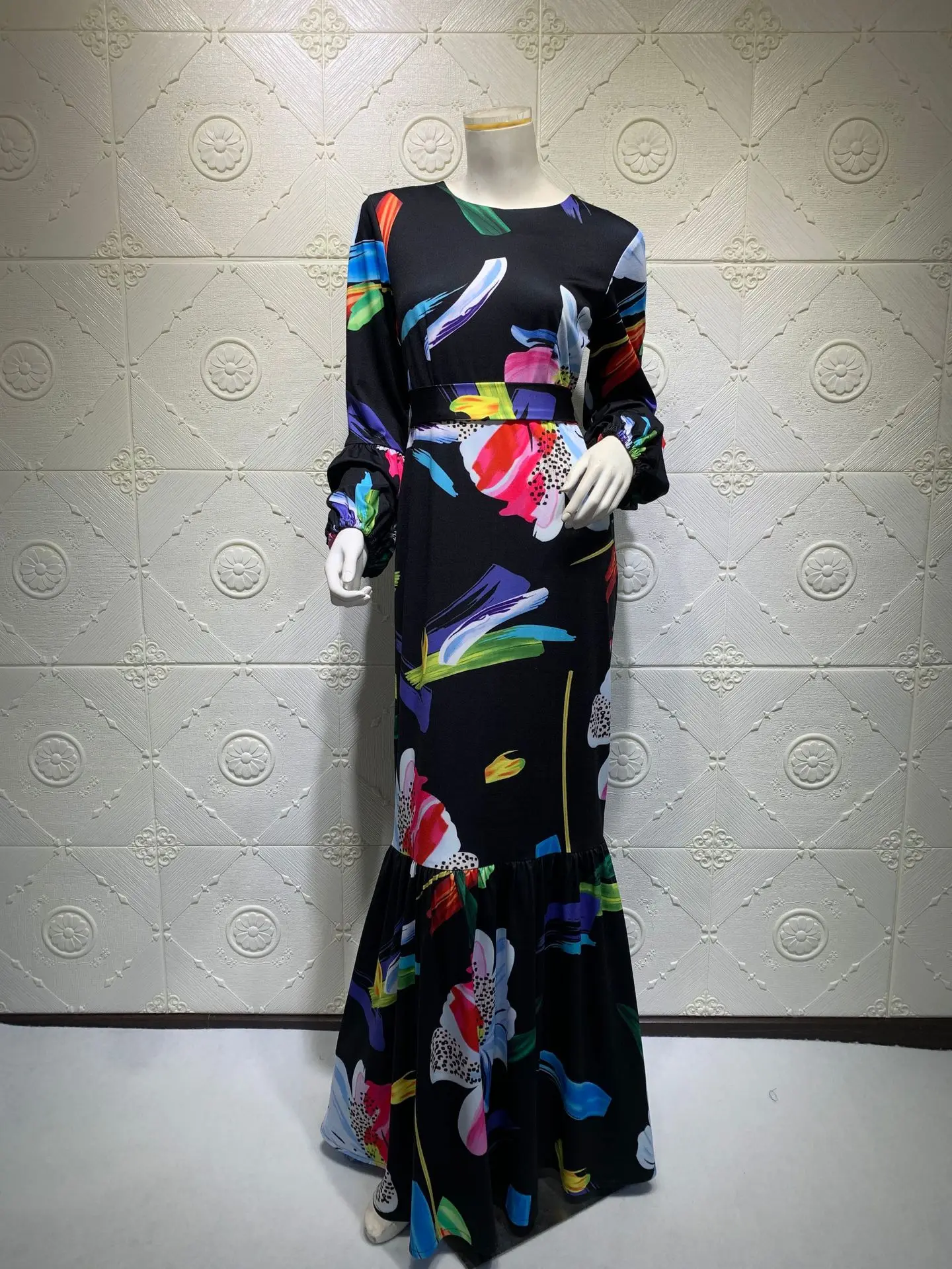 WEPBEL Wanita Asia Tenggara Bunga Dicetak Panjang Muslim Gaun Panjang Maxi Gaun Abaya Timur Tengah Malaysia Indonesia