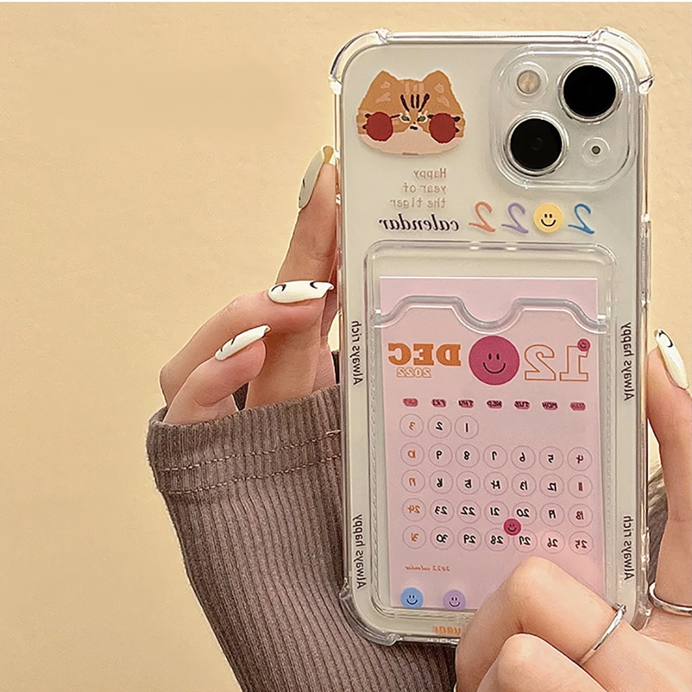 

2022 Calendar Card Holder Cute Shockproof Phone Case For iPhone 11 12 13 Pro XS Max X XR 7 8 Plus Cartoon Soft Wallet Cover Case