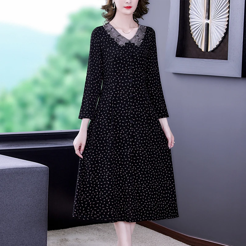 

2021 Black Floral Long Sleeve Midi Dress Autumn Winter Korean Vintage Casual Dresses Women New Elegant Slim Office Lady Dress