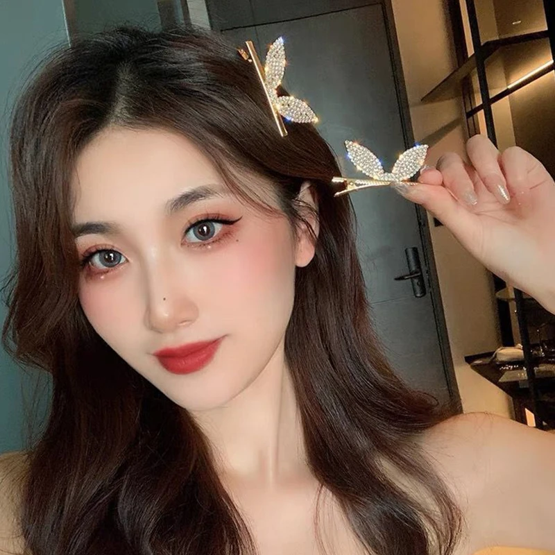

Korean Cute Girls Rabbit Ear Hairpin Children Rhinestone Top Clip Bangs Clip Simple Hairpin Headdress Hair Accessories For Women