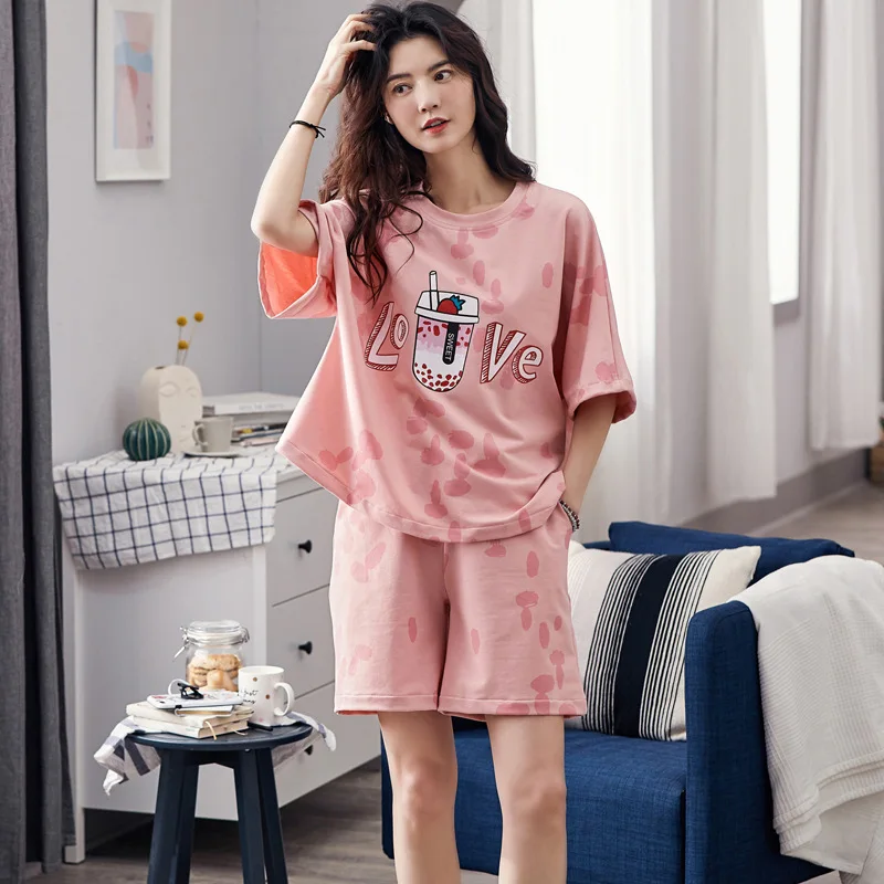 

Homewear Cute Cartoon Lounge Wear Can Go out T-shits Summer Pyjamas Women's Pajamas Cotton Short Sleeve Ladies Pijamas Sets