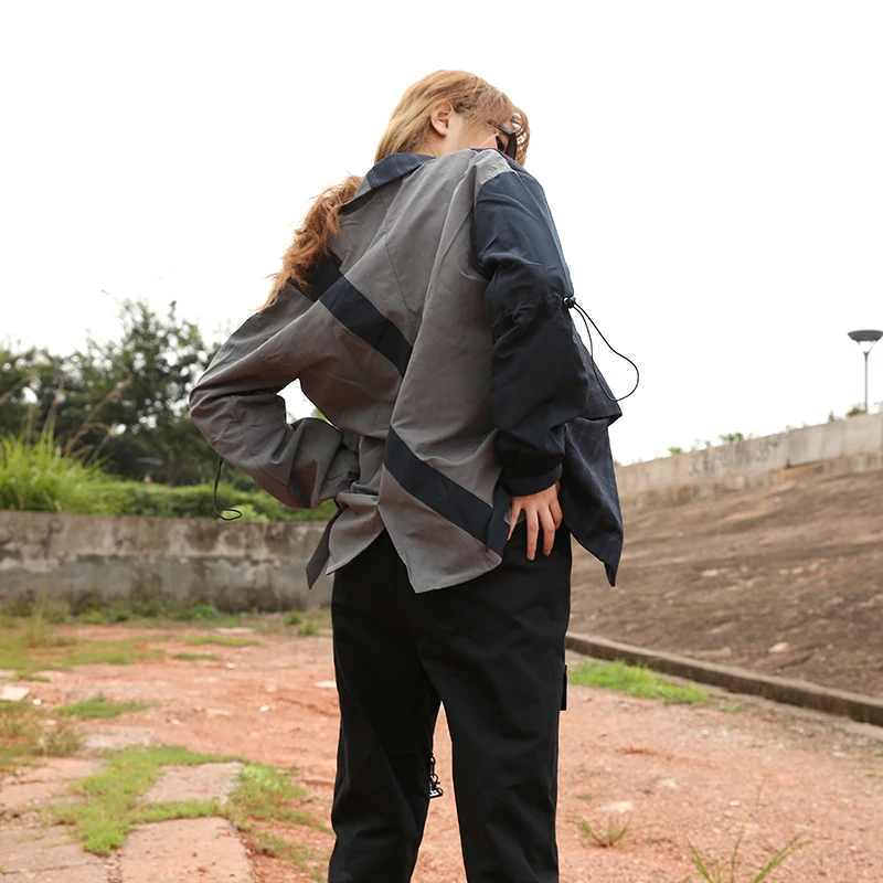 

[EAM] Women plaid drawstring big size irregular Blazer New Lapel Long Sleeve Loose Fit Jacket Fashion Spring Autumn 2021 JQ276
