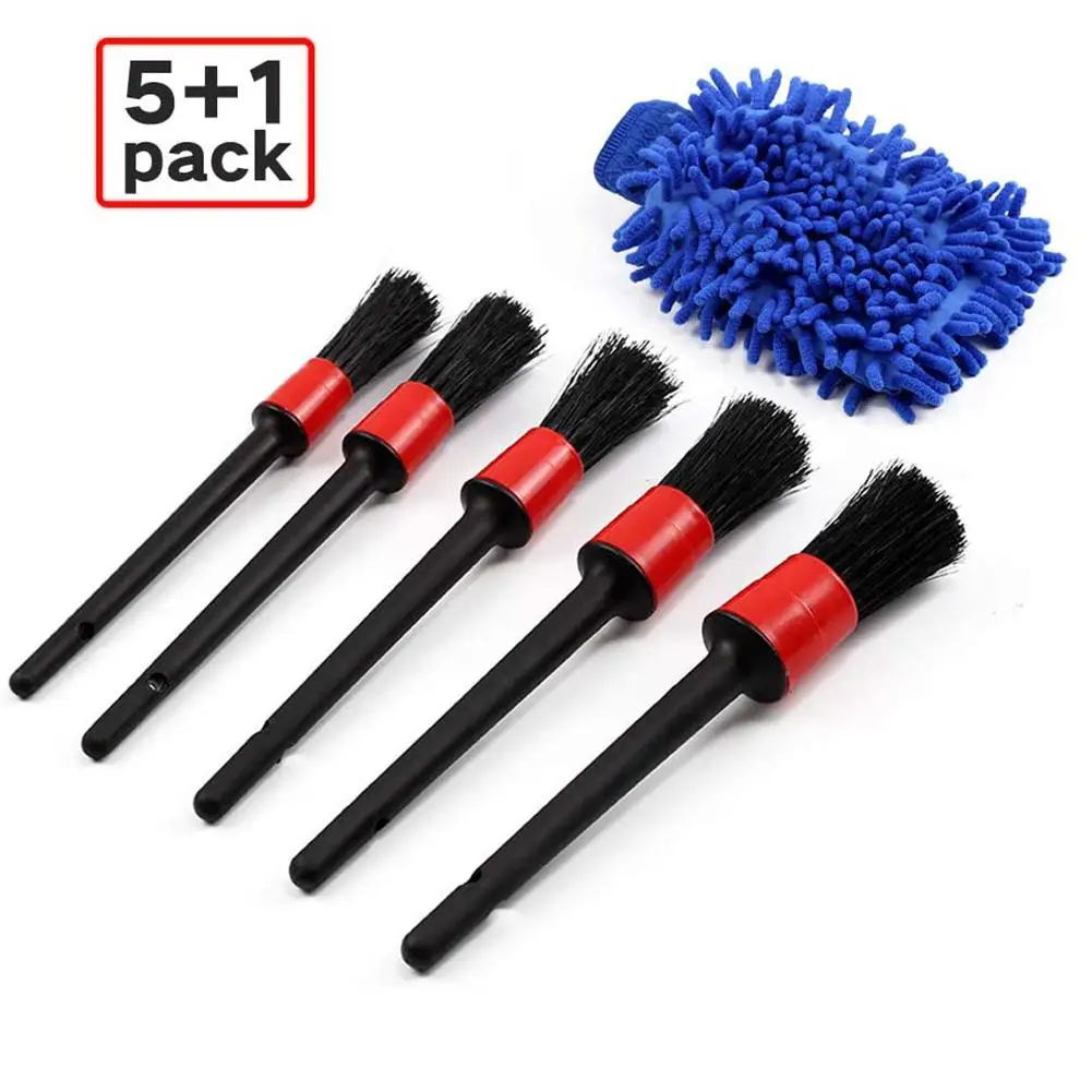 

6pcs Detailing Brush Set 5 Different Sizes Auto Detail Brush Kit with Free Auto Wash Cleaning Mitt Natural Boar Hair Brushes